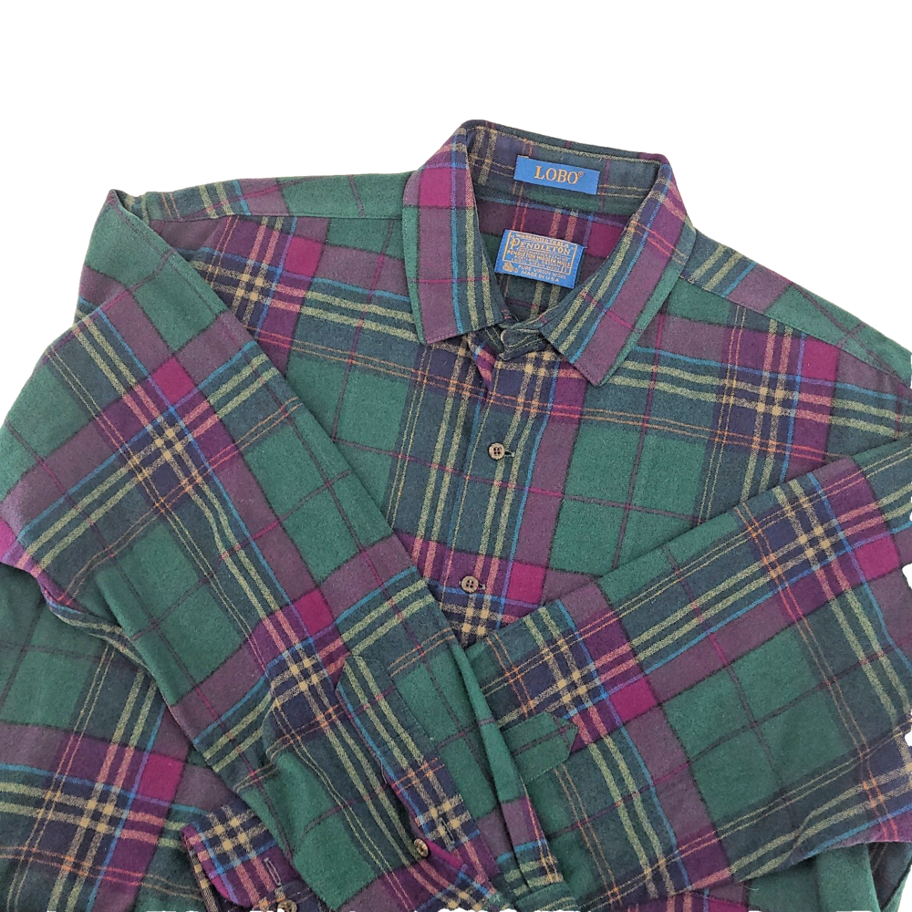 VTG Lobo by Pendleton Wool Flannel Shirt Mens L Green Purple Plaid Lodge USA